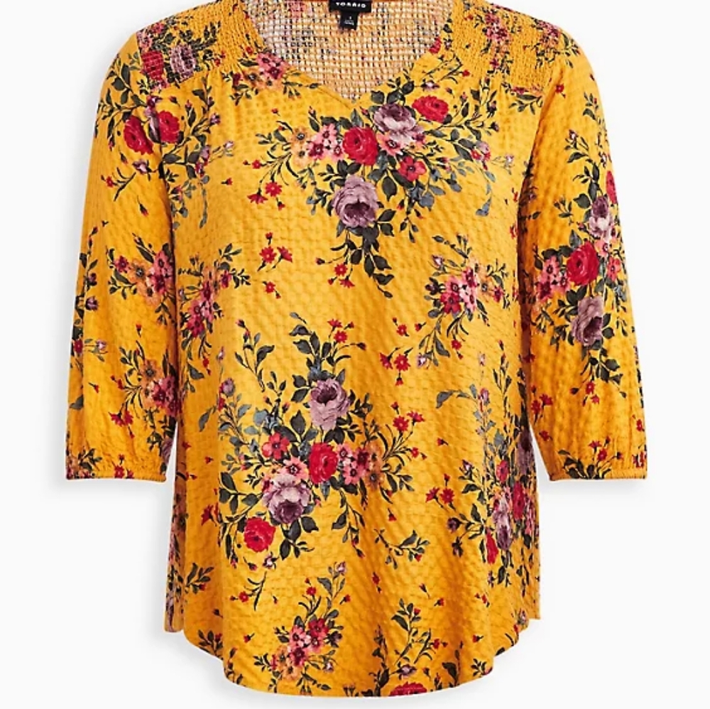Nwt torrid yellow floral crinkle gauze tunic blouse. Size 3x
